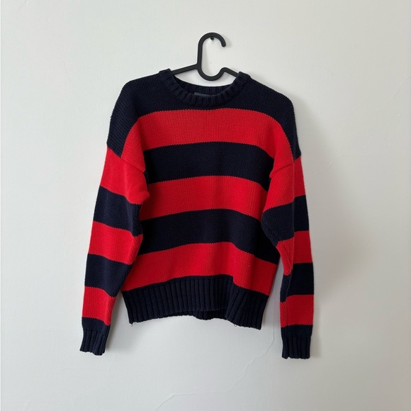 Vintage LizWear Petite Navy & Red Stripped Crew Cotton Sweater - Size Small (Pet - Picture 1 of 5